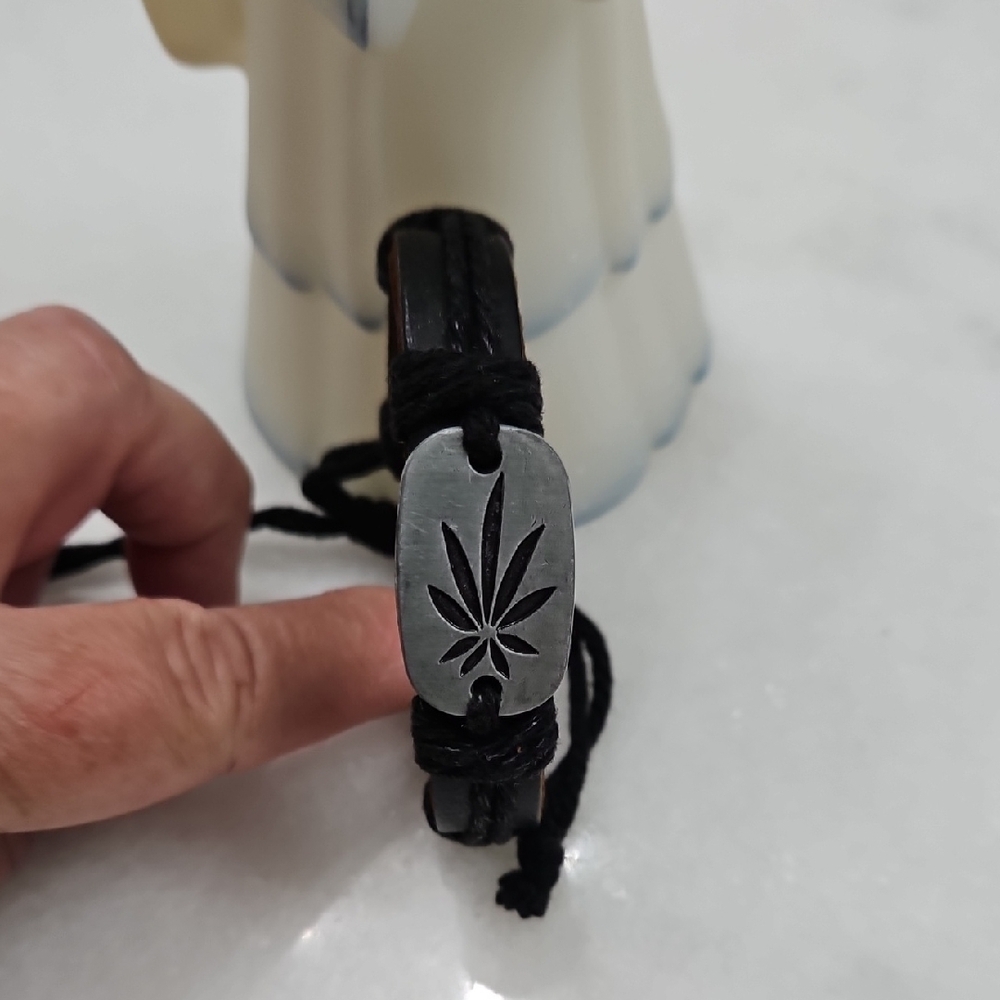 Black Leather Bracelet with Silver Plate